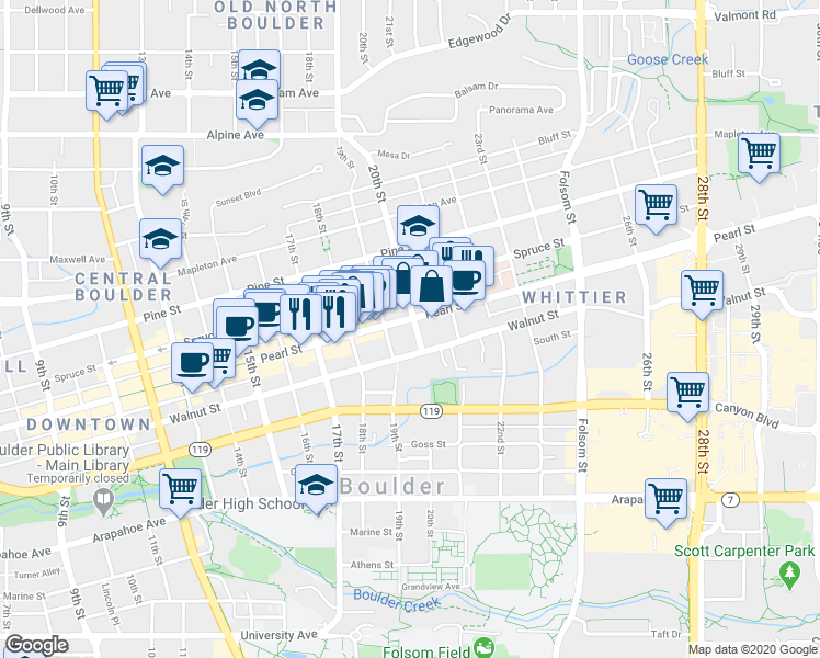 map of restaurants, bars, coffee shops, grocery stores, and more near in Boulder
