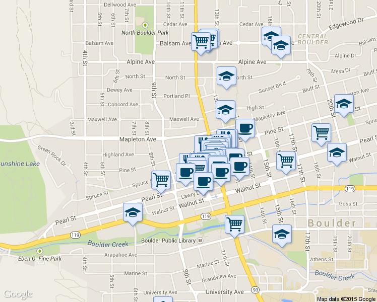 map of restaurants, bars, coffee shops, grocery stores, and more near 1109 Pine Street in Boulder