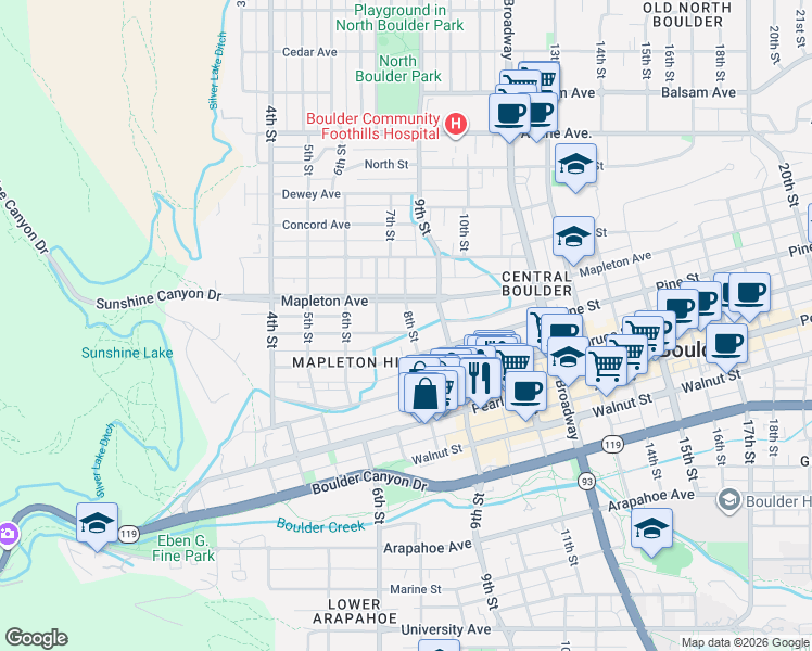 map of restaurants, bars, coffee shops, grocery stores, and more near 2337 8th Street in Boulder