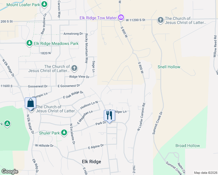 map of restaurants, bars, coffee shops, grocery stores, and more near 422 Ridge Lane in Elk Ridge