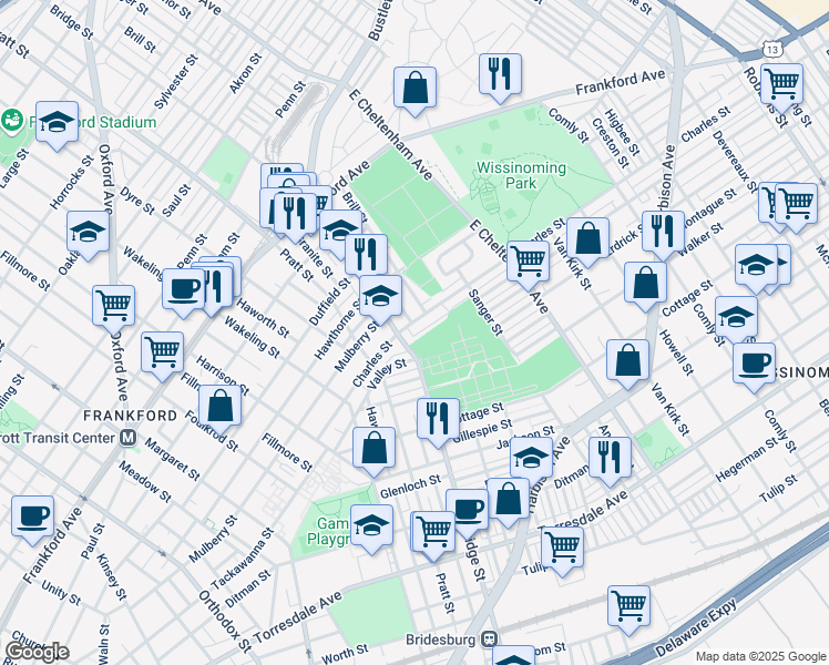 map of restaurants, bars, coffee shops, grocery stores, and more near 5353 Charles Street in Philadelphia