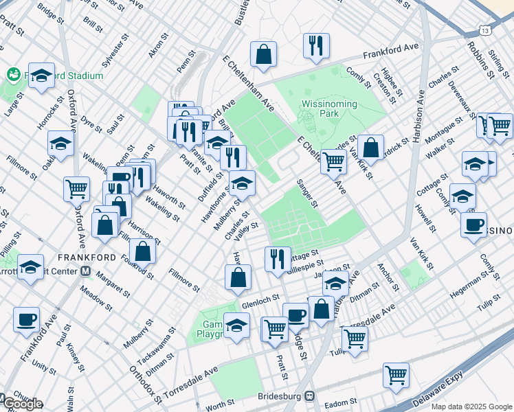 map of restaurants, bars, coffee shops, grocery stores, and more near 1777 Bridge Street in Philadelphia
