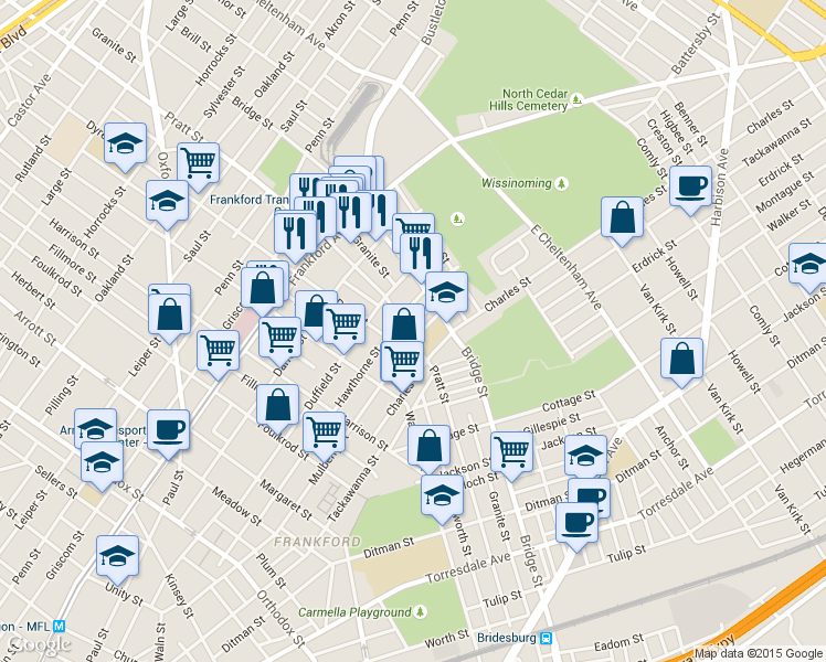 map of restaurants, bars, coffee shops, grocery stores, and more near 5210 Marlowe Street in Philadelphia