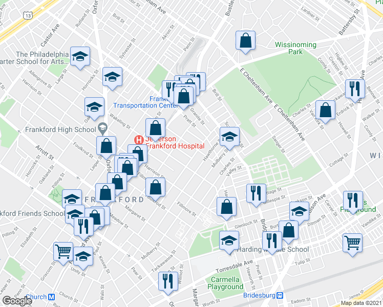 map of restaurants, bars, coffee shops, grocery stores, and more near 5103 Duffield Street in Philadelphia