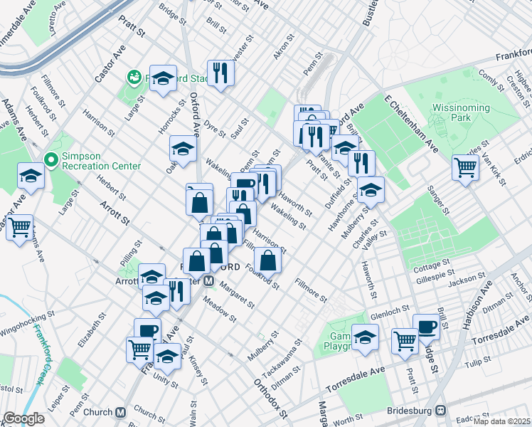 map of restaurants, bars, coffee shops, grocery stores, and more near 1615 Allengrove Street in Philadelphia