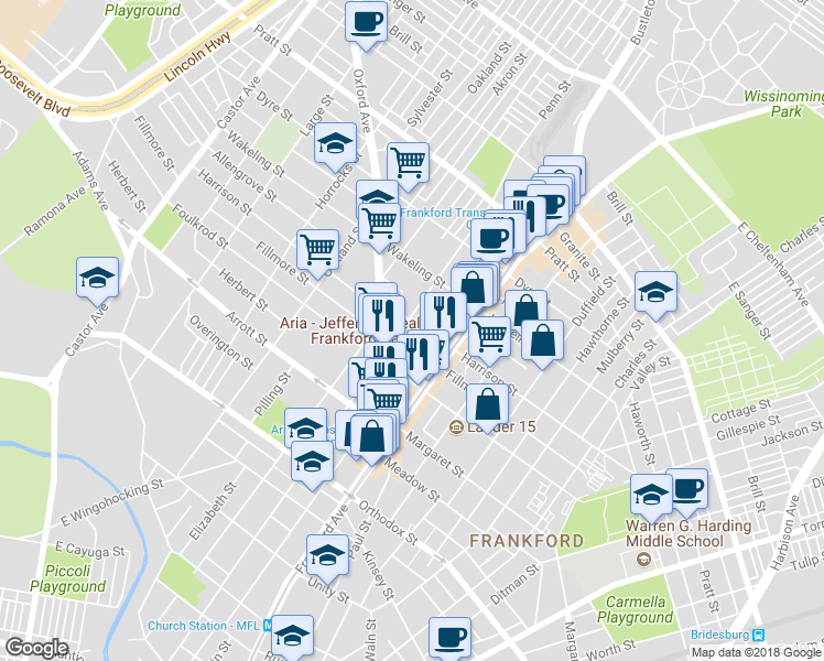 map of restaurants, bars, coffee shops, grocery stores, and more near 4904 Griscom Street in Philadelphia