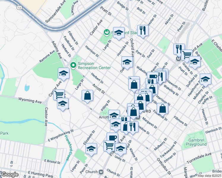 map of restaurants, bars, coffee shops, grocery stores, and more near 4727 Oakland Street in Philadelphia