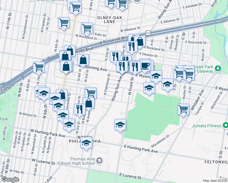 map of restaurants, bars, coffee shops, grocery stores, and more near 180 West Raymond Street in Philadelphia