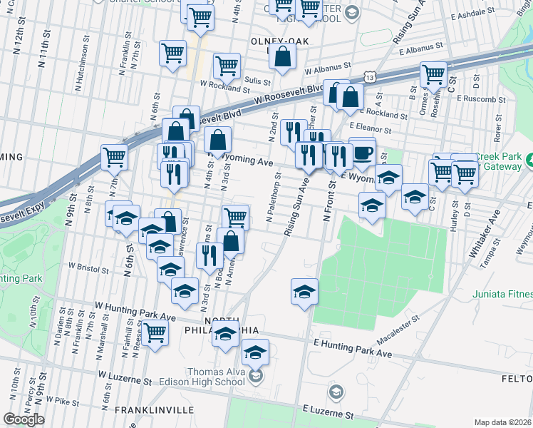 map of restaurants, bars, coffee shops, grocery stores, and more near 4529 North 3rd Street in Philadelphia