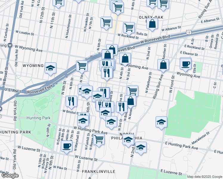 map of restaurants, bars, coffee shops, grocery stores, and more near 431 West Wingohocking Street in Philadelphia
