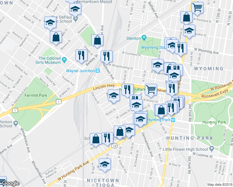 map of restaurants, bars, coffee shops, grocery stores, and more near 1924 Dennie Street in Philadelphia