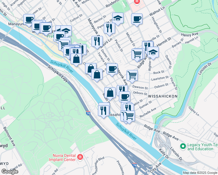 map of restaurants, bars, coffee shops, grocery stores, and more near 114 Salaignac Street in Philadelphia