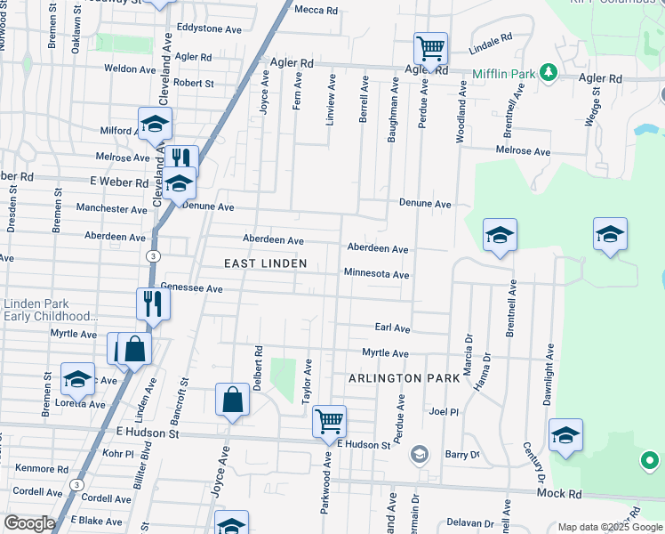 map of restaurants, bars, coffee shops, grocery stores, and more near 2533 Parkwood Avenue in Columbus