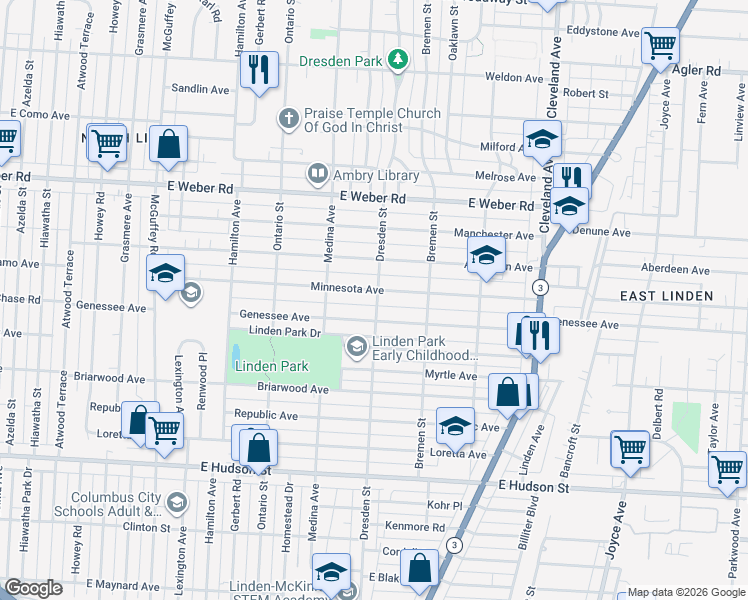 map of restaurants, bars, coffee shops, grocery stores, and more near 1443 Minnesota Avenue in Columbus