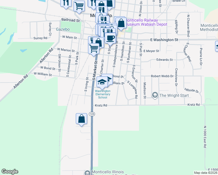 map of restaurants, bars, coffee shops, grocery stores, and more near 1 Sage Drive in Monticello