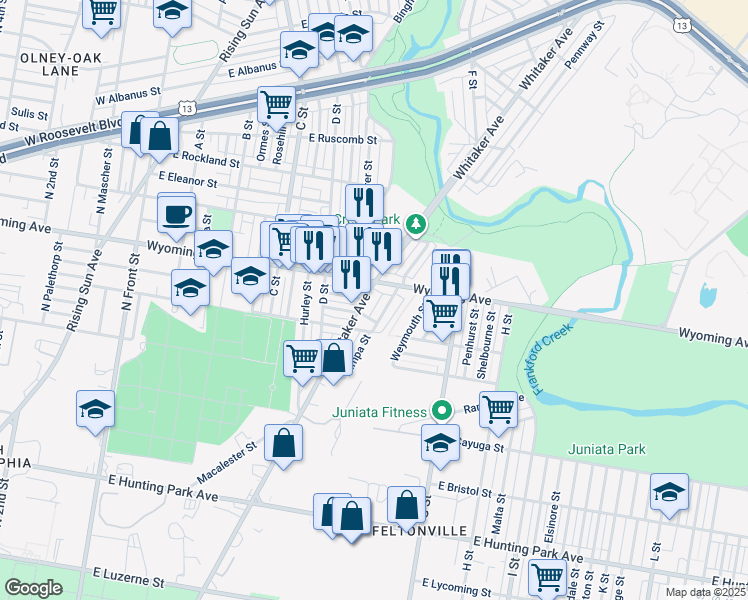 map of restaurants, bars, coffee shops, grocery stores, and more near 4645 Whitaker Avenue in Philadelphia