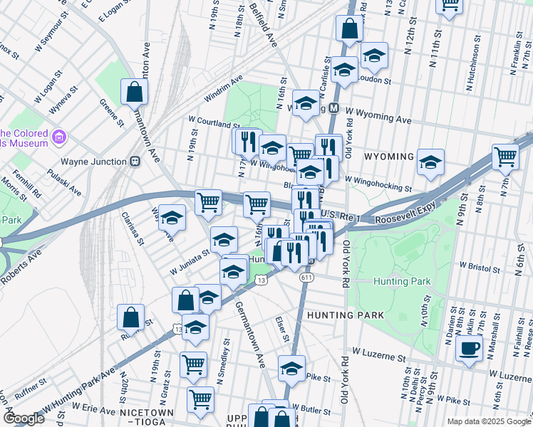 map of restaurants, bars, coffee shops, grocery stores, and more near 1545 Rowan Street in Philadelphia