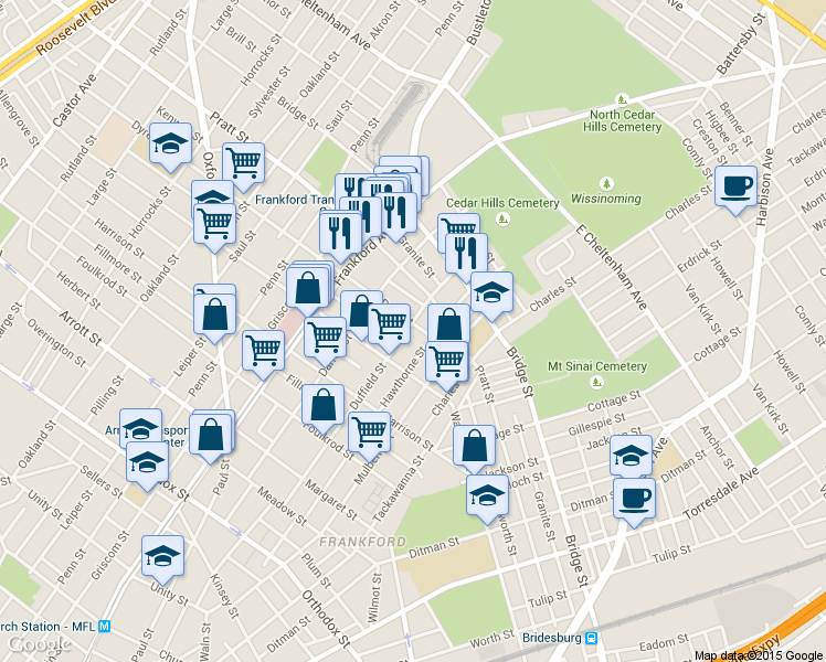 map of restaurants, bars, coffee shops, grocery stores, and more near 5047 Duffield Street in Philadelphia