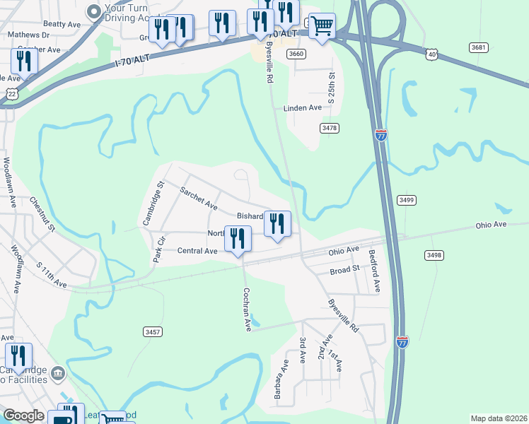 map of restaurants, bars, coffee shops, grocery stores, and more near 381 Old Byesville Road in Cambridge