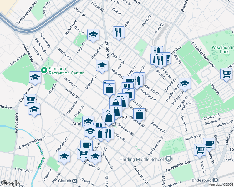 map of restaurants, bars, coffee shops, grocery stores, and more near 4833 Penn Street in Philadelphia