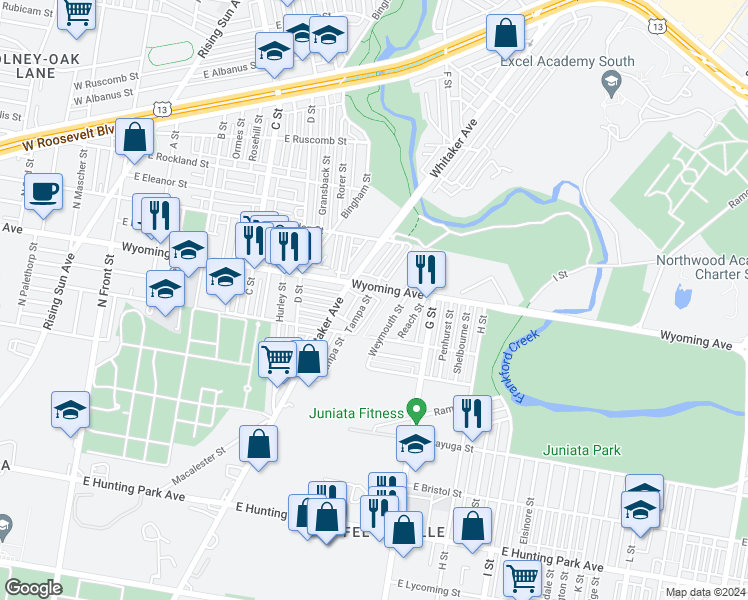 map of restaurants, bars, coffee shops, grocery stores, and more near 4659 Tampa Street in Philadelphia