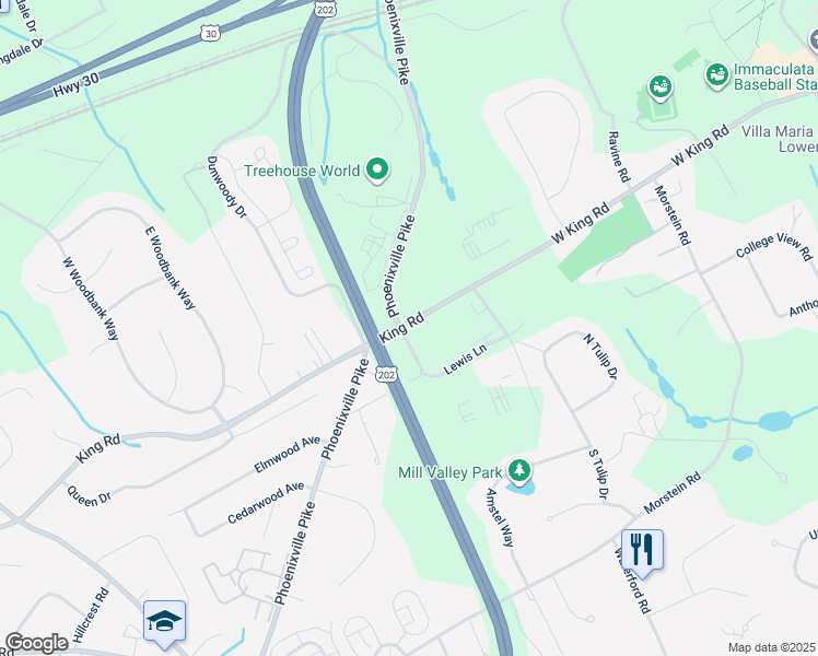 map of restaurants, bars, coffee shops, grocery stores, and more near 1401 Old Phoenixville Pike in West Chester