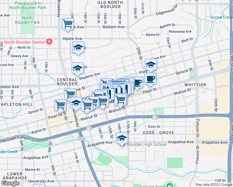 map of restaurants, bars, coffee shops, grocery stores, and more near 1620 Spruce Street in Boulder