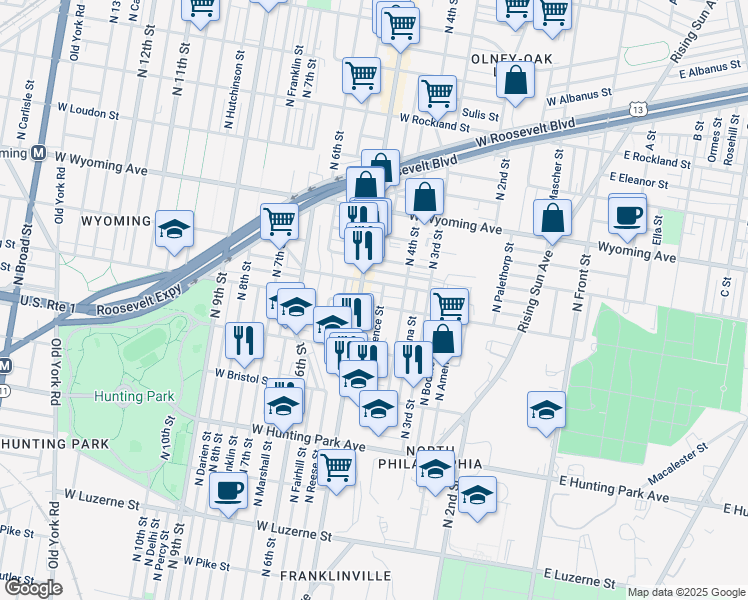 map of restaurants, bars, coffee shops, grocery stores, and more near 439 West Wingohocking Street in Philadelphia