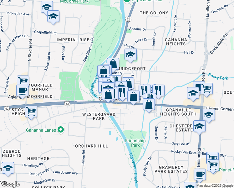 map of restaurants, bars, coffee shops, grocery stores, and more near 78 North High Street in Gahanna