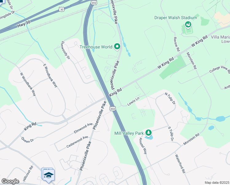 map of restaurants, bars, coffee shops, grocery stores, and more near King Rd & Old Phoenixville Pike in Chester