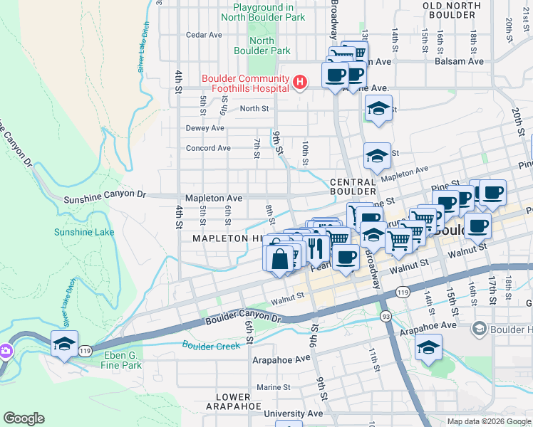 map of restaurants, bars, coffee shops, grocery stores, and more near 2337 8th Street in Boulder