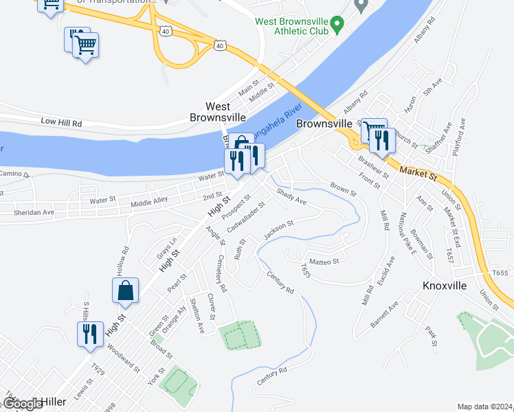 map of restaurants, bars, coffee shops, grocery stores, and more near 228 Cadwallader Street in Brownsville