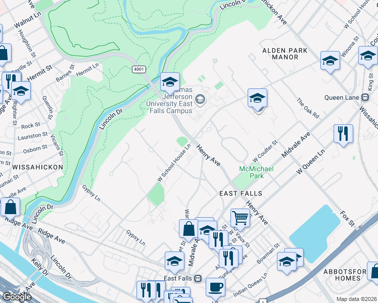 map of restaurants, bars, coffee shops, grocery stores, and more near 4201 Henry Avenue in Philadelphia
