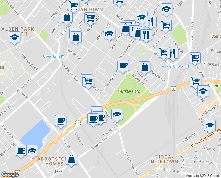 map of restaurants, bars, coffee shops, grocery stores, and more near 4918 Laurens Street in Philadelphia