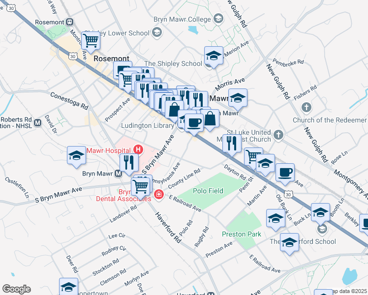 map of restaurants, bars, coffee shops, grocery stores, and more near 1062 Lancaster Avenue in Bryn Mawr