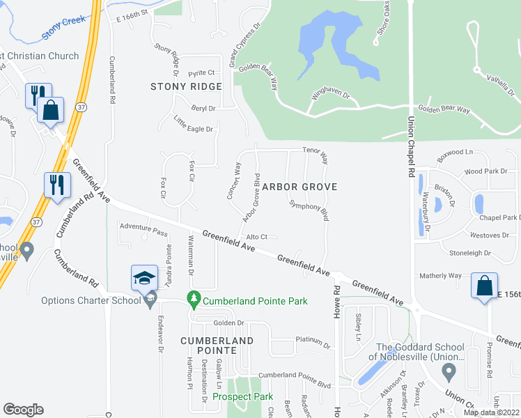 map of restaurants, bars, coffee shops, grocery stores, and more near 15924 Arbor Grove Boulevard in Noblesville