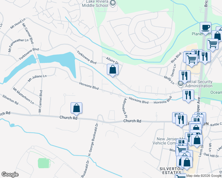 map of restaurants, bars, coffee shops, grocery stores, and more near 15 Catalina Court in Toms River