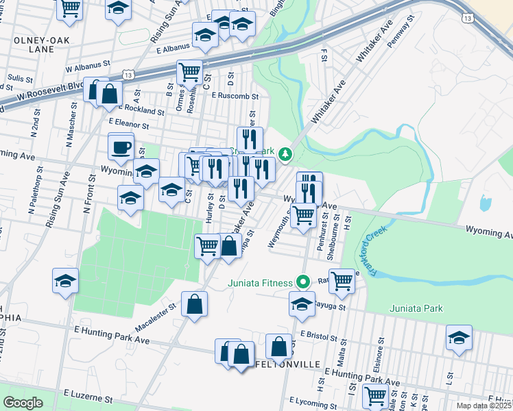 map of restaurants, bars, coffee shops, grocery stores, and more near 4645 Whitaker Avenue in Philadelphia