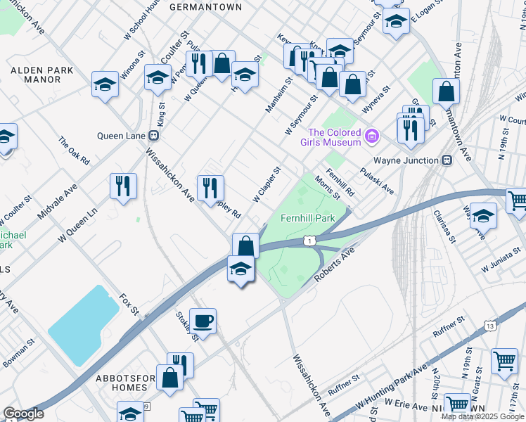 map of restaurants, bars, coffee shops, grocery stores, and more near 4918 Laurens Street in Philadelphia