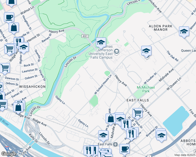 map of restaurants, bars, coffee shops, grocery stores, and more near 4101 Timber Lane in Philadelphia