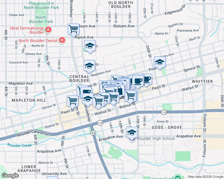 map of restaurants, bars, coffee shops, grocery stores, and more near Spruce Street in Boulder