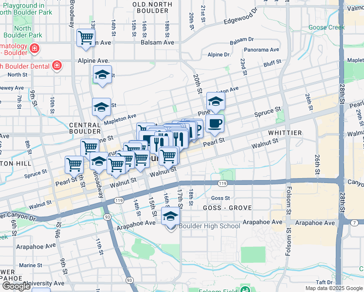map of restaurants, bars, coffee shops, grocery stores, and more near 1722 Spruce Street in Boulder