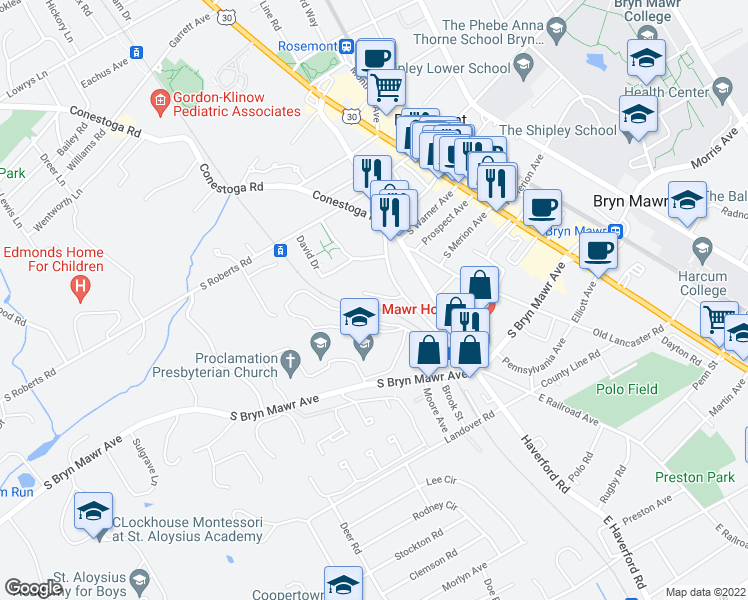map of restaurants, bars, coffee shops, grocery stores, and more near 13 Beatrice Drive in Bryn Mawr