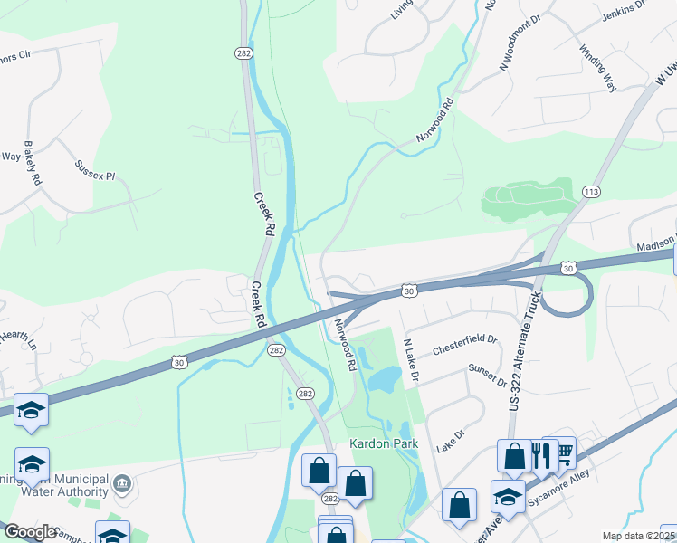 map of restaurants, bars, coffee shops, grocery stores, and more near 217 Norwood House Road in Downingtown