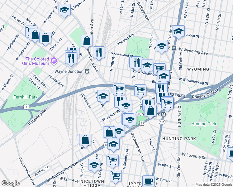 map of restaurants, bars, coffee shops, grocery stores, and more near 4313 Germantown Avenue in Philadelphia