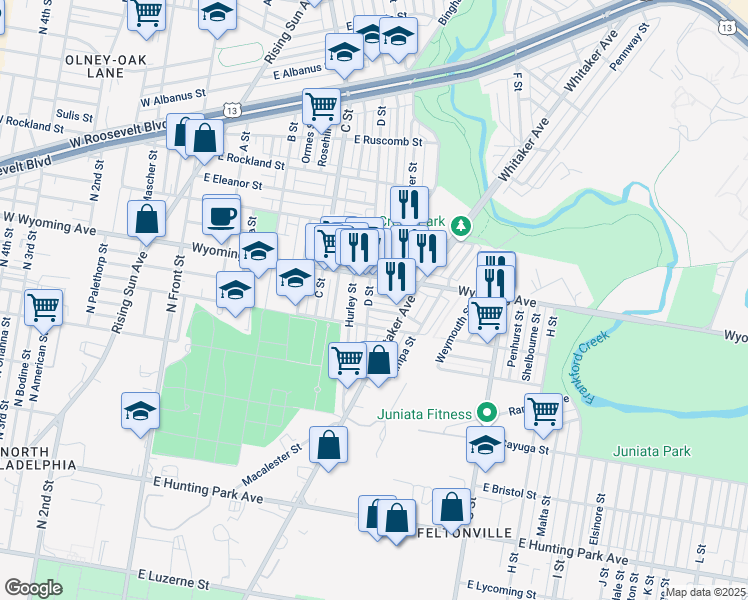 map of restaurants, bars, coffee shops, grocery stores, and more near 523 East Luray Street in Philadelphia
