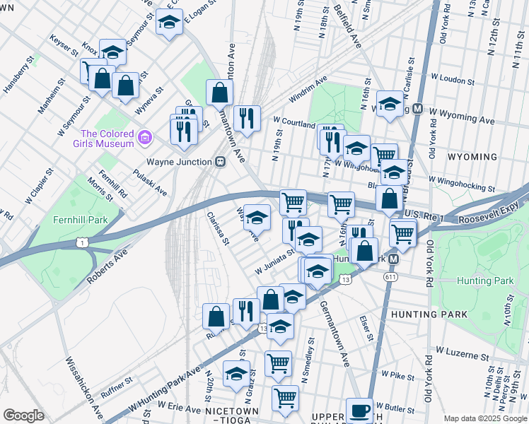 map of restaurants, bars, coffee shops, grocery stores, and more near 1923 Rowan Street in Philadelphia