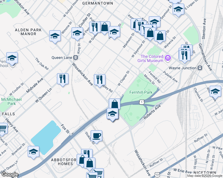 map of restaurants, bars, coffee shops, grocery stores, and more near 5010 Schuyler Street in Philadelphia