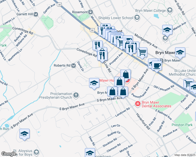 map of restaurants, bars, coffee shops, grocery stores, and more near 13 Beatrice Drive in Bryn Mawr