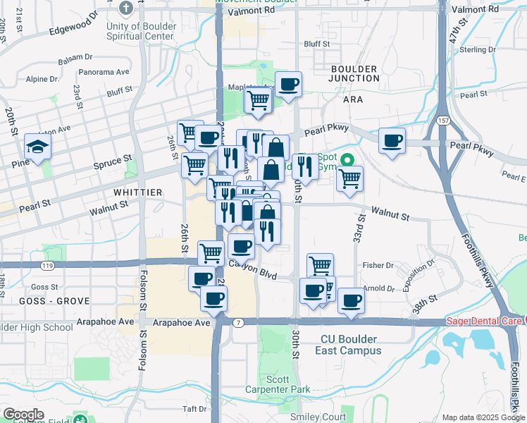 map of restaurants, bars, coffee shops, grocery stores, and more near in Boulder